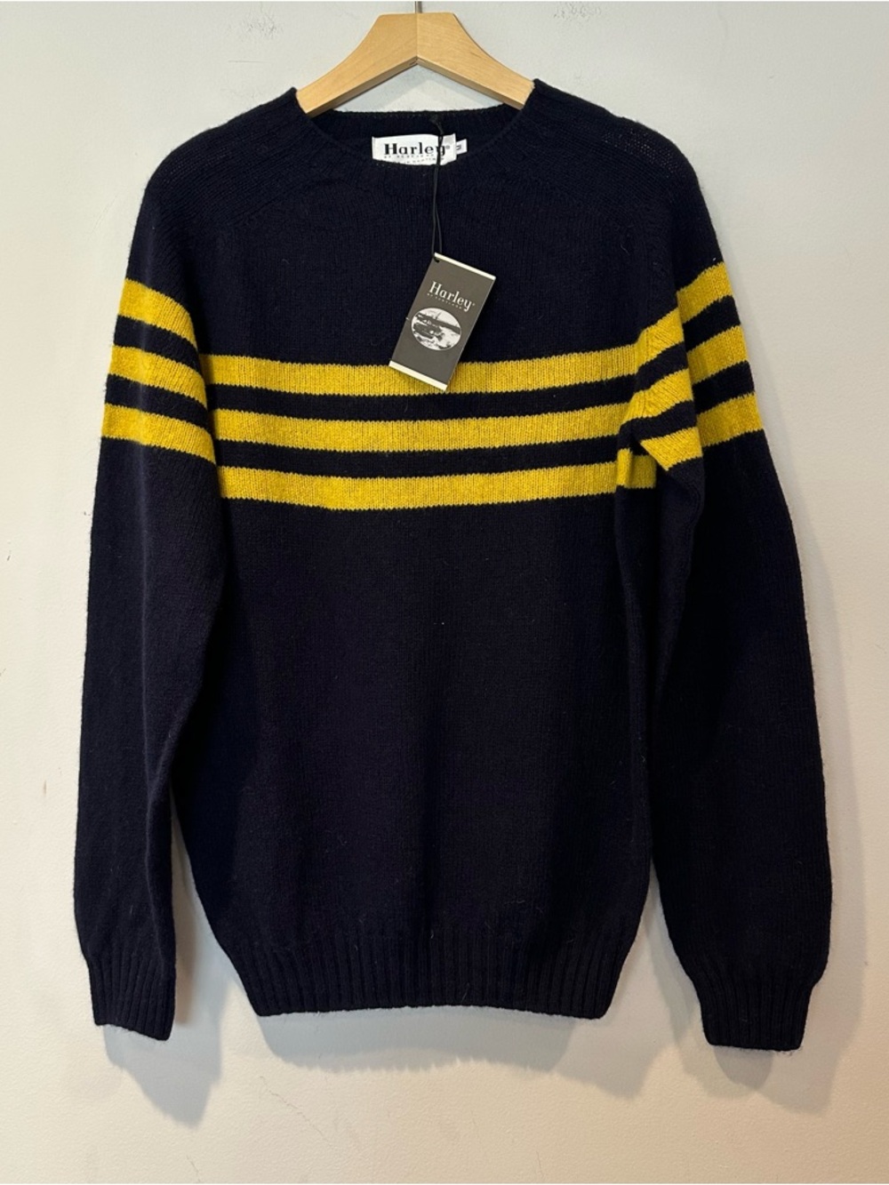 Harley of Scotland Wool Navy Sweater with Yellow Stripes